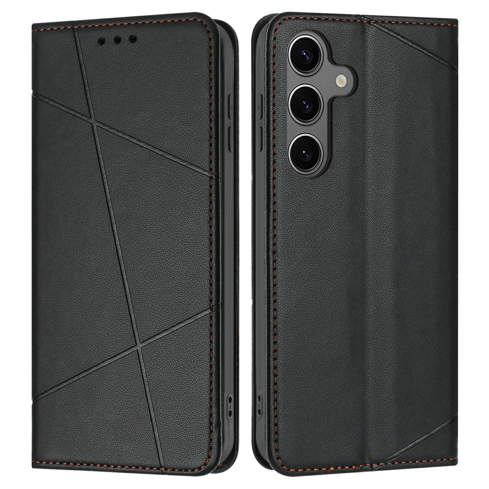 

For Samsung Galaxy S25+/S24+ Wallet Case Line Imprinted Leather Stand Phone Cover with Wrist Strap Black