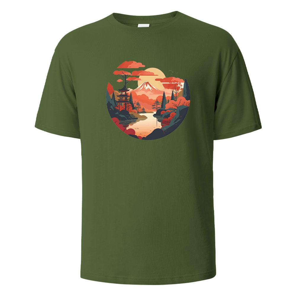 Mount Fuji Print TShirt Casual Short sleeved Streetwear Basic Tops Summer Tees For Men Women 100 Cotton Oneck Oversize