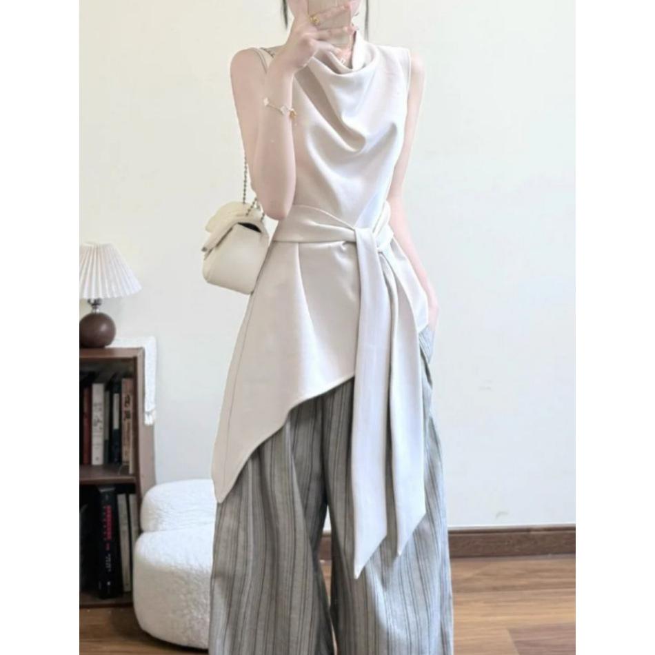High texture sleeveless top 2026 summer new lace-up waist design temperament beige irregular T-shirt women S