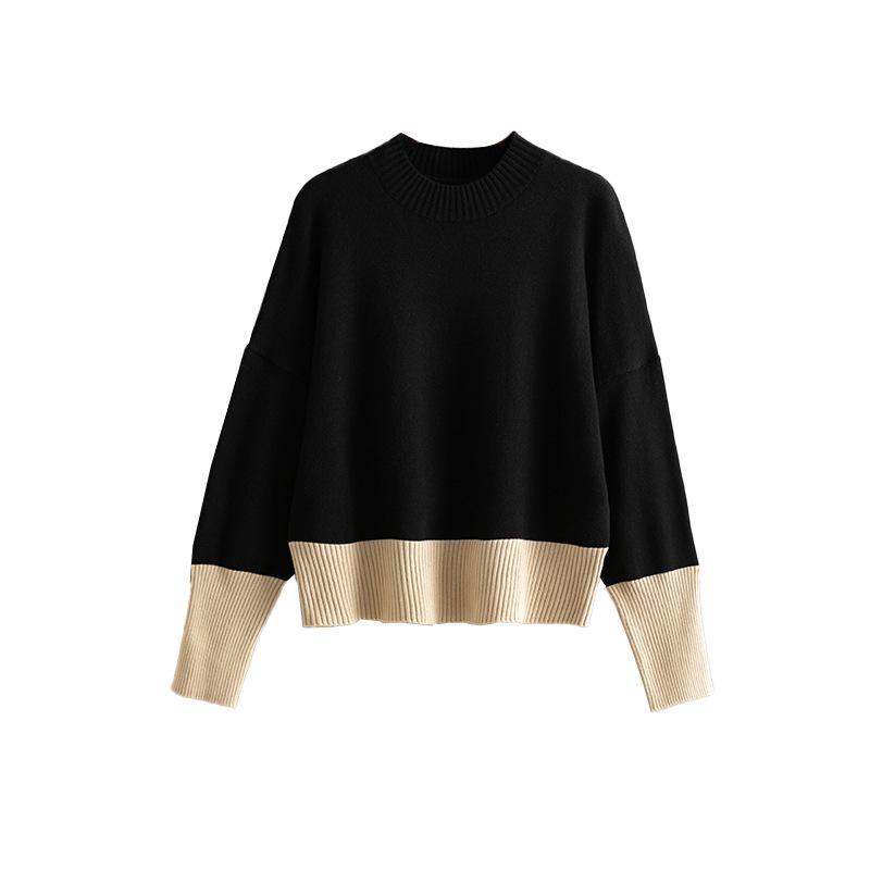2024 Autumn/Winter Women's Color Block Knit Sweater - Round Neck & Loose Fit, European/American Style