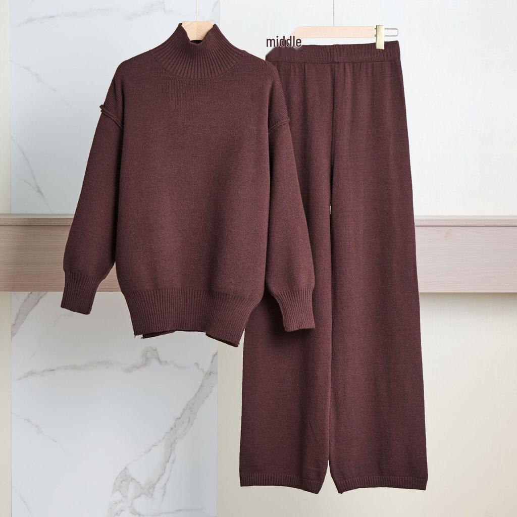 2025 Autumn/Winter Casual Solid Color Knitted Sweater Set: Loose High Neck and Pants