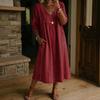 Women V Neck Eyelet Lace Panel Linen Midi Dress 3/4 Sleeve Loose Swing Casual Pocket Boho Vacation Ladies Sundress