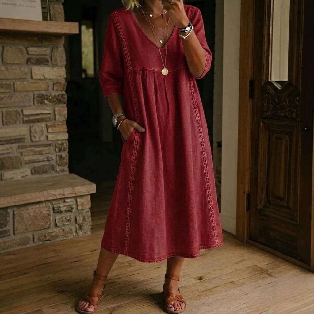 Women V Neck Eyelet Lace Panel Linen Midi Dress 3/4 Sleeve Loose Swing Casual Pocket Boho Vacation Ladies Sundress