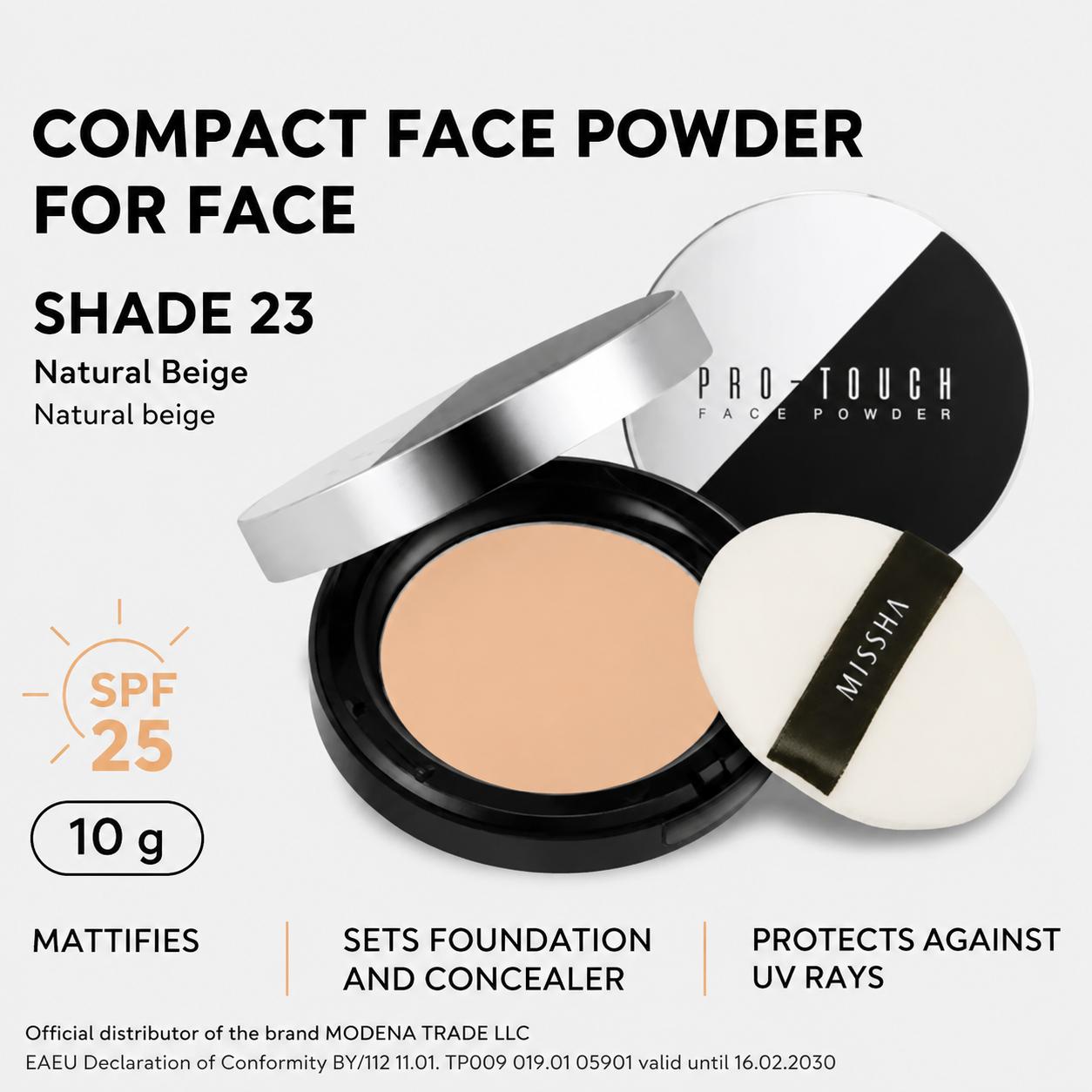 MISSHA Pro-Touch Powder Pact SPF25/PA++ (No.23 / Natural Beige), 10g No.23 Natural Beige