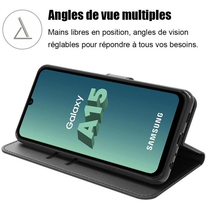 Protective Case for Samsung Galaxy A15 - Black PU Leather - Card Slots - 2 Tempered Glasses