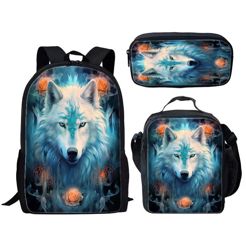 Animal Wolf Three Piece Set for Children and Elementary School Students, Large Capacity Backpack, Meal Pack, Pen Bag