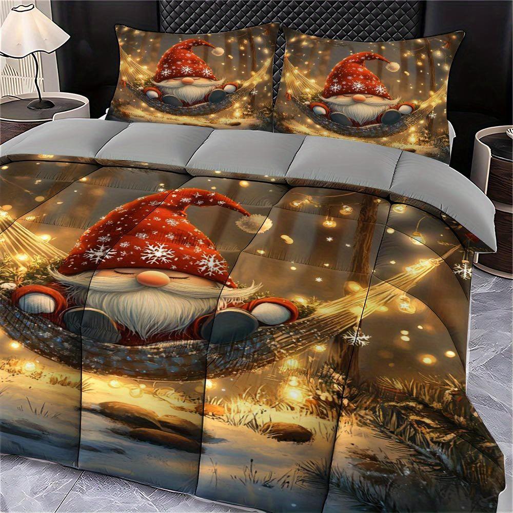 Latacaca 3-teiliges Weihnachts-Gnom-Quilt-Set dicke Decke Set Gemütliche Bettdecke Bettwäscheset 1 Quilt + 2 Kissenbezüge Geschenkidee für die Feiertage