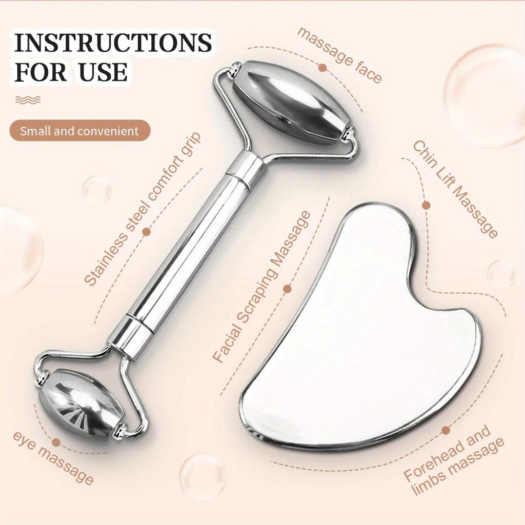 1/2/3 Piece Stainless Steel Facial Roller and Gua Sha Massage Tool Set Metal Beauty Tools for Body, Face, Neck and Eyes