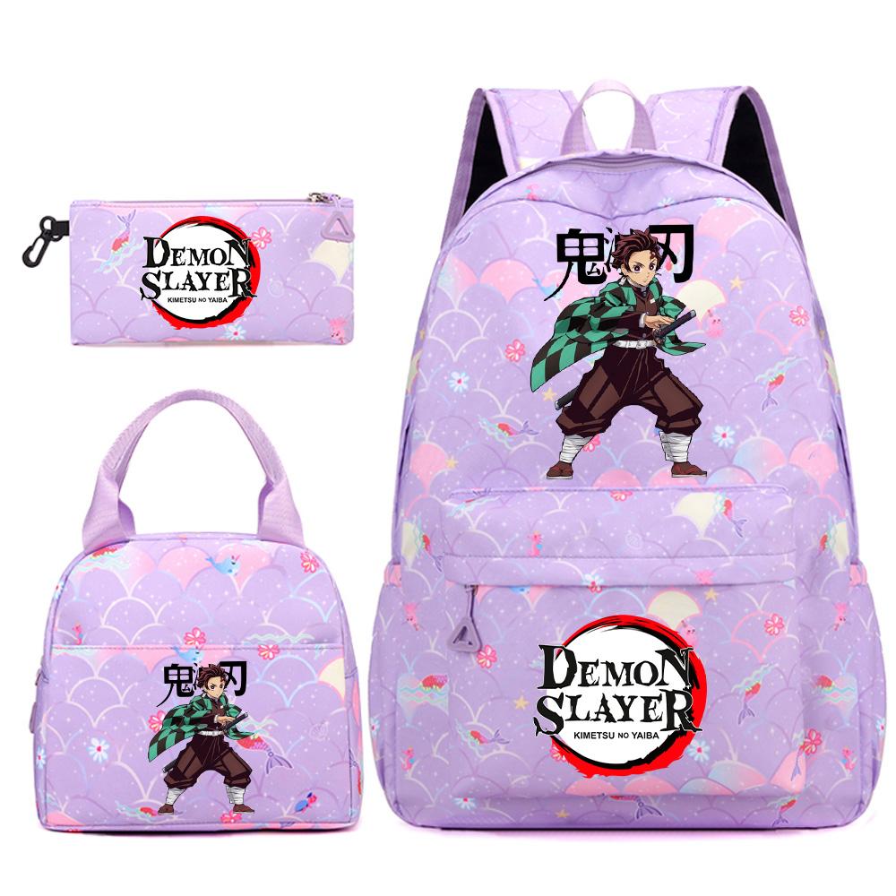 3Pcs/set Anime Demon Slayer Printed Backpack Handbag Pencil Case for Teenger Student Bookbag Women Large Capacity Waterproof Travel Bag Mochila