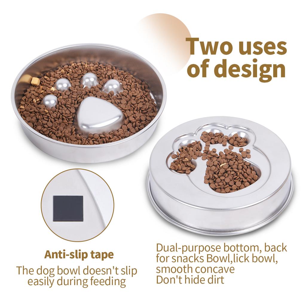A pet bone 304 stainless steel footprint dog bowl slow food bowl large capacity feeding pet bowl non-slip bone dog meal tray med