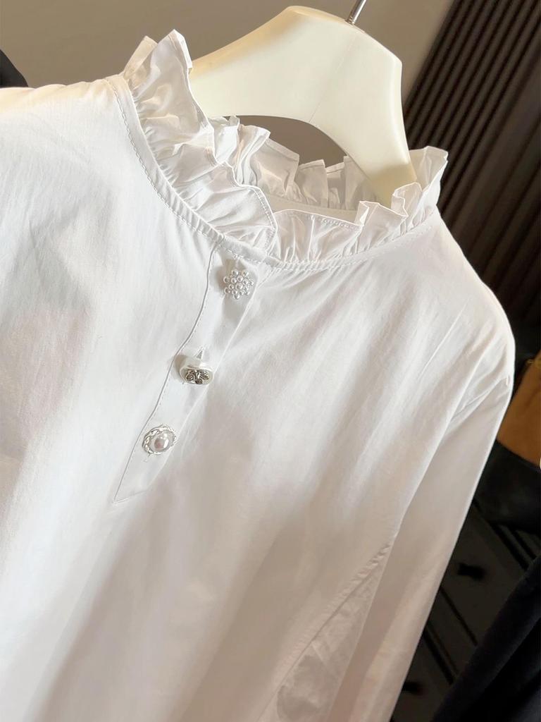 Spring 2026 Women's White Ruffle Stand Collar Loose Shirt