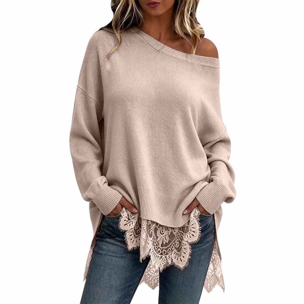 Women's Casual Mid-Length Knit Top with Lace Trim and Side Slit in Colors