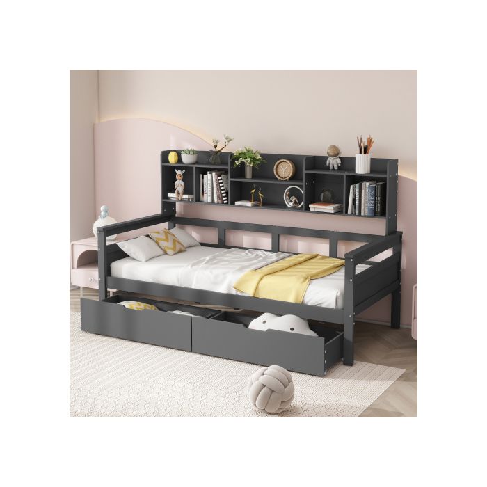 Canapé-lit - MUVOE - 90x200 Cm - Bois Massif - Tiroirs De Rangement - Gris Élégant