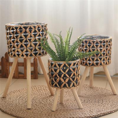 Gourd Grass Plant Stand Stool with 3 Wood Legs Balcony Flower Pots Display Rack Planter Basket for Indoor and Outdoor