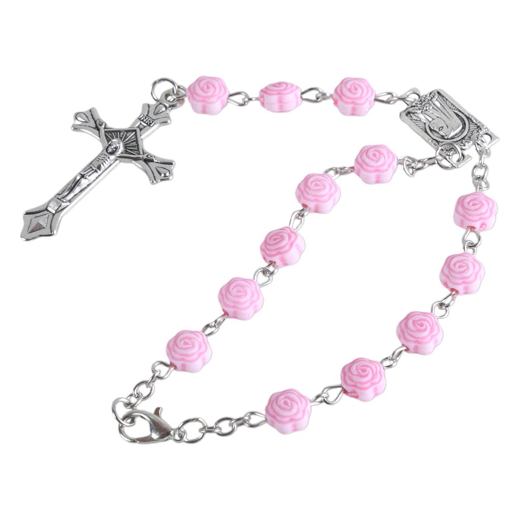 Elegant Crosses Pendant Wrist Chain Delicate Pink Rose Flower Hand Chain Beautiful Beads Hand String Chain Jewelry