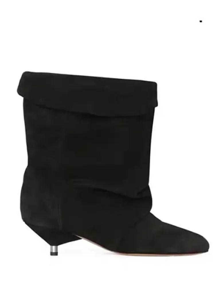 European and American Women's New Pointed Pleated 5cm Thin Heel Fringed Calf Boots, Knight Boots, Plus Size Mid Length Boots