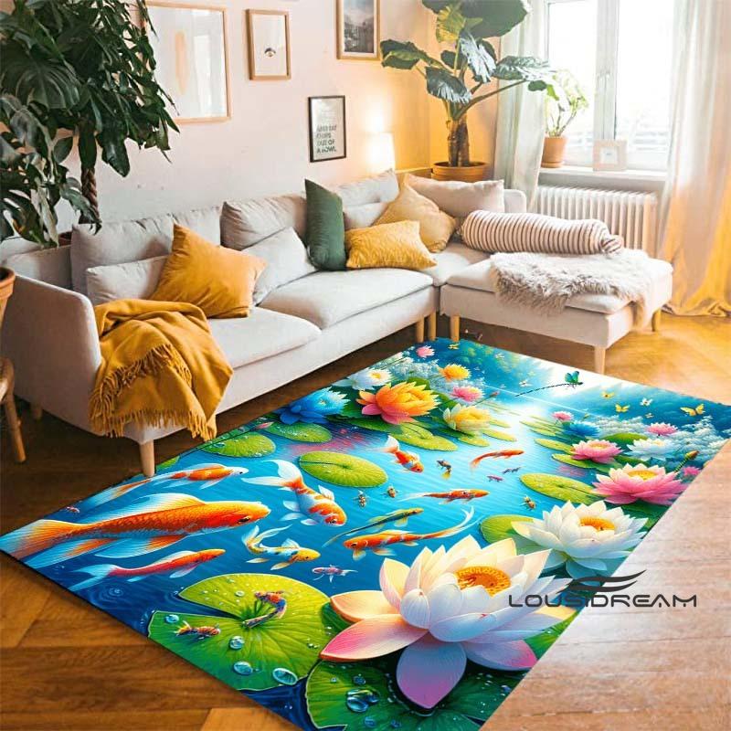 Tappeto Cartoon Lussuoso Pesce Koi Fortunato Yin Yang Carpa per Camera da Letto Soggiorno Divano Tappetino d'Ingresso Casa, Tappetino Pavimento Grande Antiscivolo per Bambini