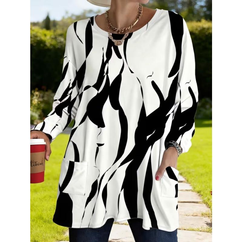 Women's long-sleeved round-neck T-shirt, suitable for spring, autumn and winter seasons. It has pockets and print designs. machine washable.