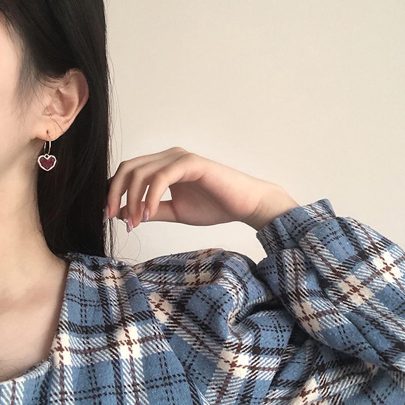 Sweet Burgundy Enamel Heart Earrings For Women  Love Heart Hanging Dangle