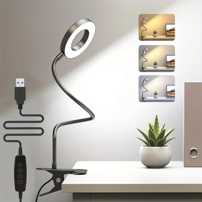 Flexible Gooseneck LED Reading Book Light with Clamp, 3 Color Temperature Circular Night Lamp for Bedside Travel Office