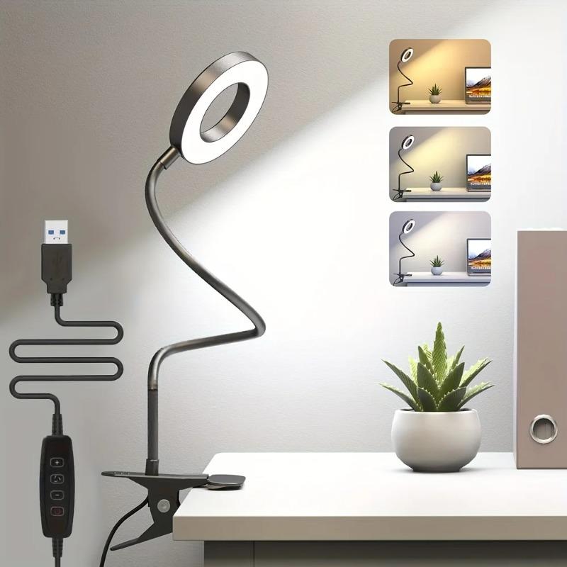 Flexible Gooseneck LED Reading Book Light with Clamp, 3 Color Temperature Circular Night Lamp for Bedside Travel Office