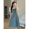 Plus Size Women's French Puff Sleeve Denim Patchwork Tea Dress - Slimming Summer Style
