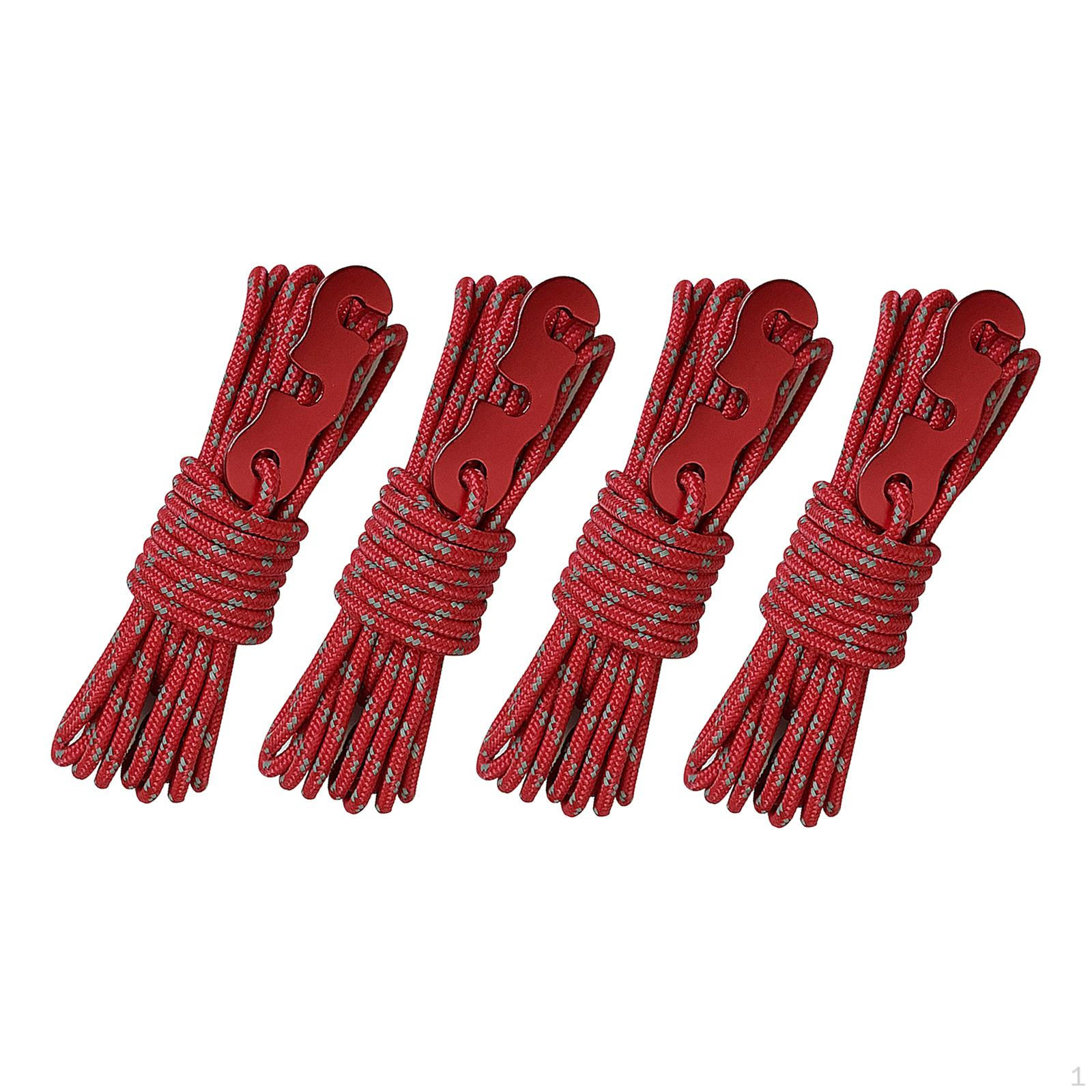 4Pcs Camping Tent Cords Outdoor Guy Lines Nylon Rope with Adjuster Tensioner, Wind красный