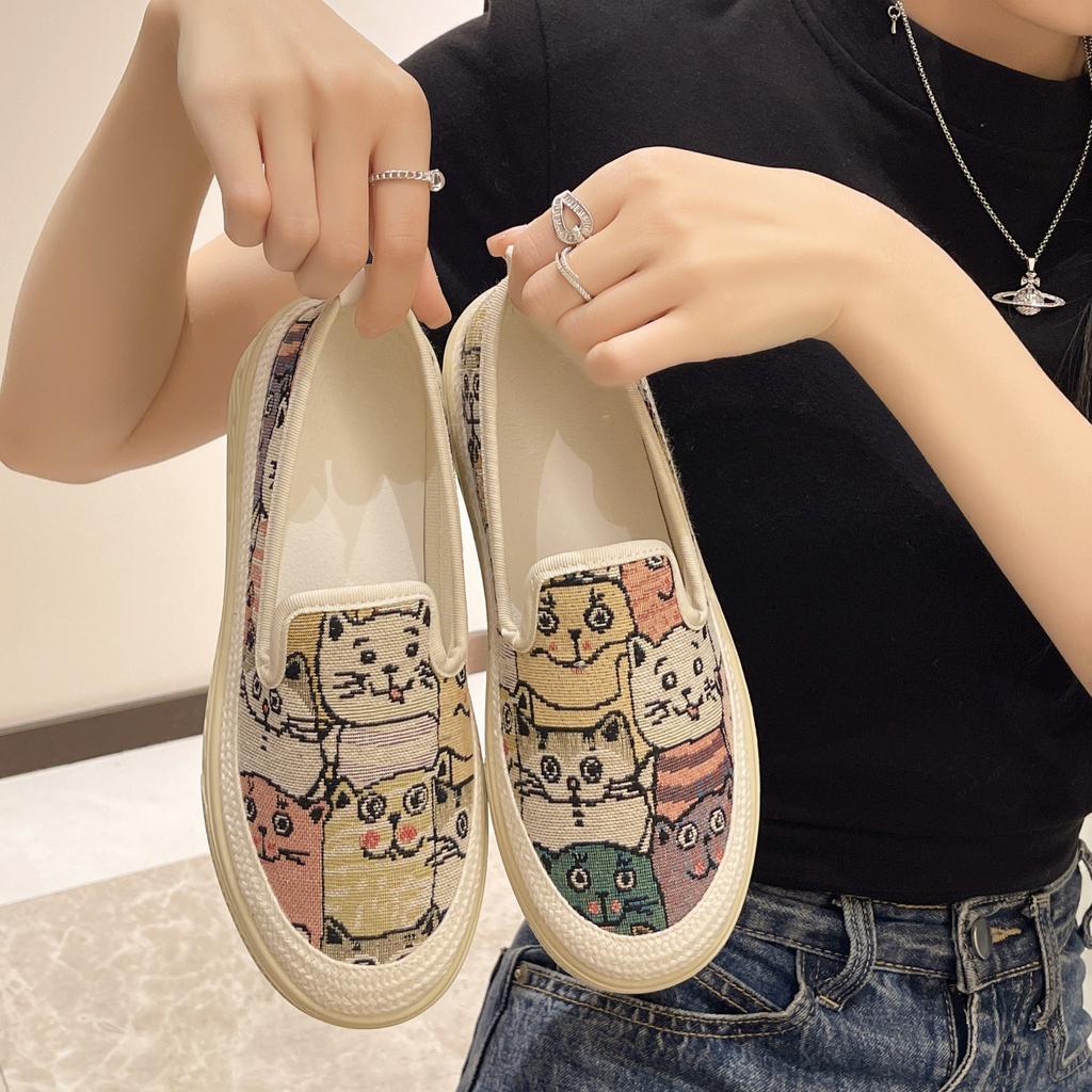 Platform Printing Canvas Shoes Women Autumn Shallow Slip On Flat Casual Shoes Outdoor Walking Running Sneakers Ladies Loafers