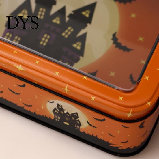 Seasonal Kitchen Storage Halloween Tin Box with Clear Lid, Witch Pumpkin Ghost Candy Window Metal Cases Container for Cookies Snacks, Festive