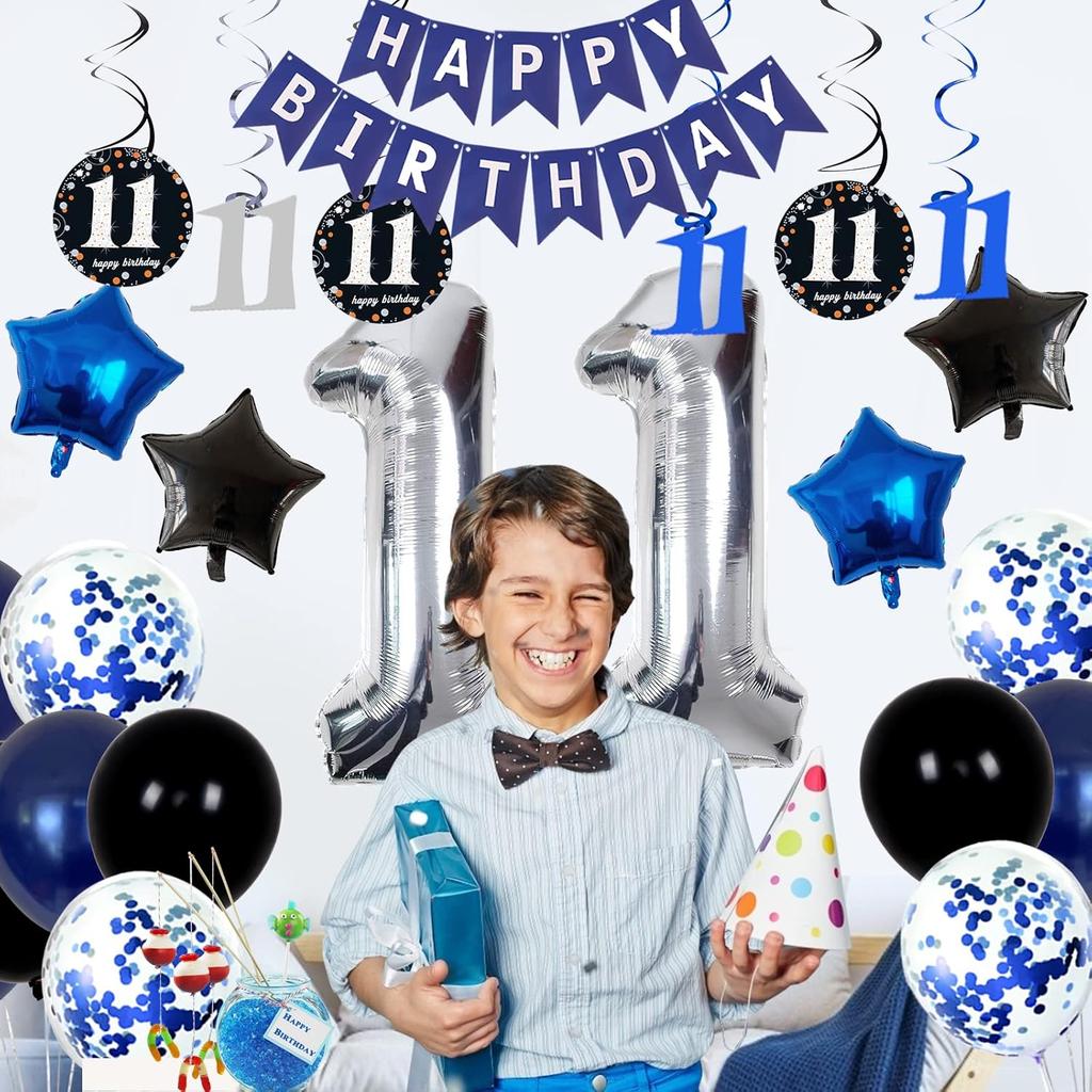 11th Birthday Decorations for Boys Girls - Navy Blue Birthday Decorations For Kids Party Supplies Including HAPPY BIRTHDAY Banner Balloons for
