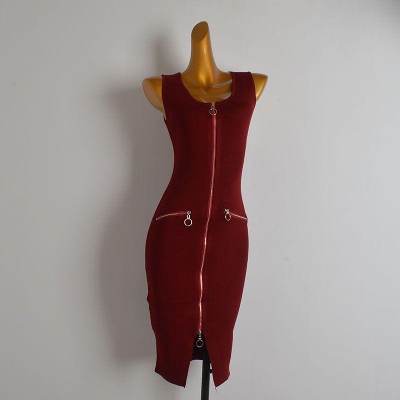 

Fashion Style Sexy Sexy Square-Neck Zipper Patchwork Cut Out Knitting Dress Women s Clothing Silm Slim-Fit Sleeveless Dress Wine Red One size
