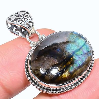 Natürlicher Labradorit Edelstein 925 Massiv Sterlingsilber Geschenk Anhänger 1,42" Z1k35