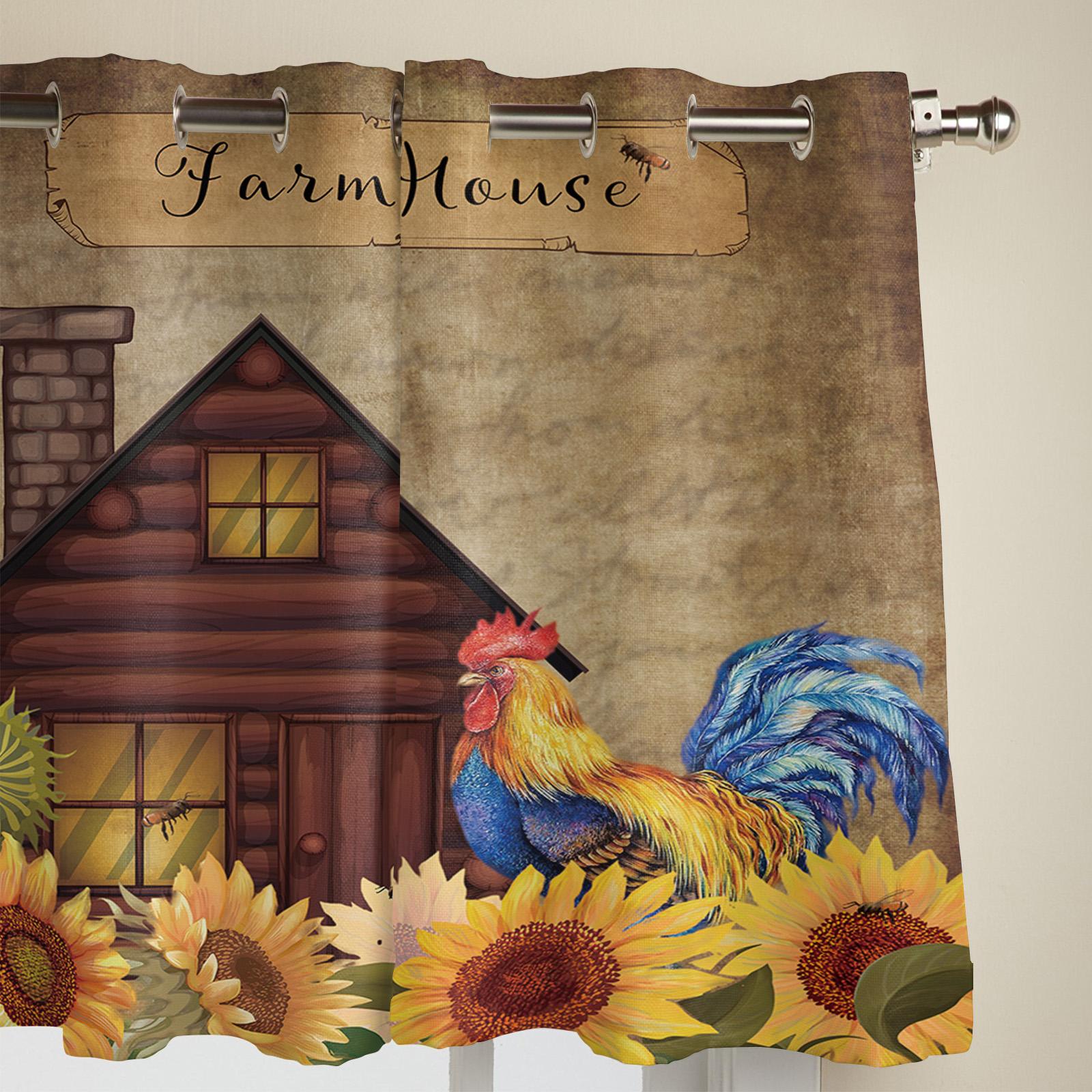 Винтажные шторы на окна с изображением подсолнечника и петуха — фото 3