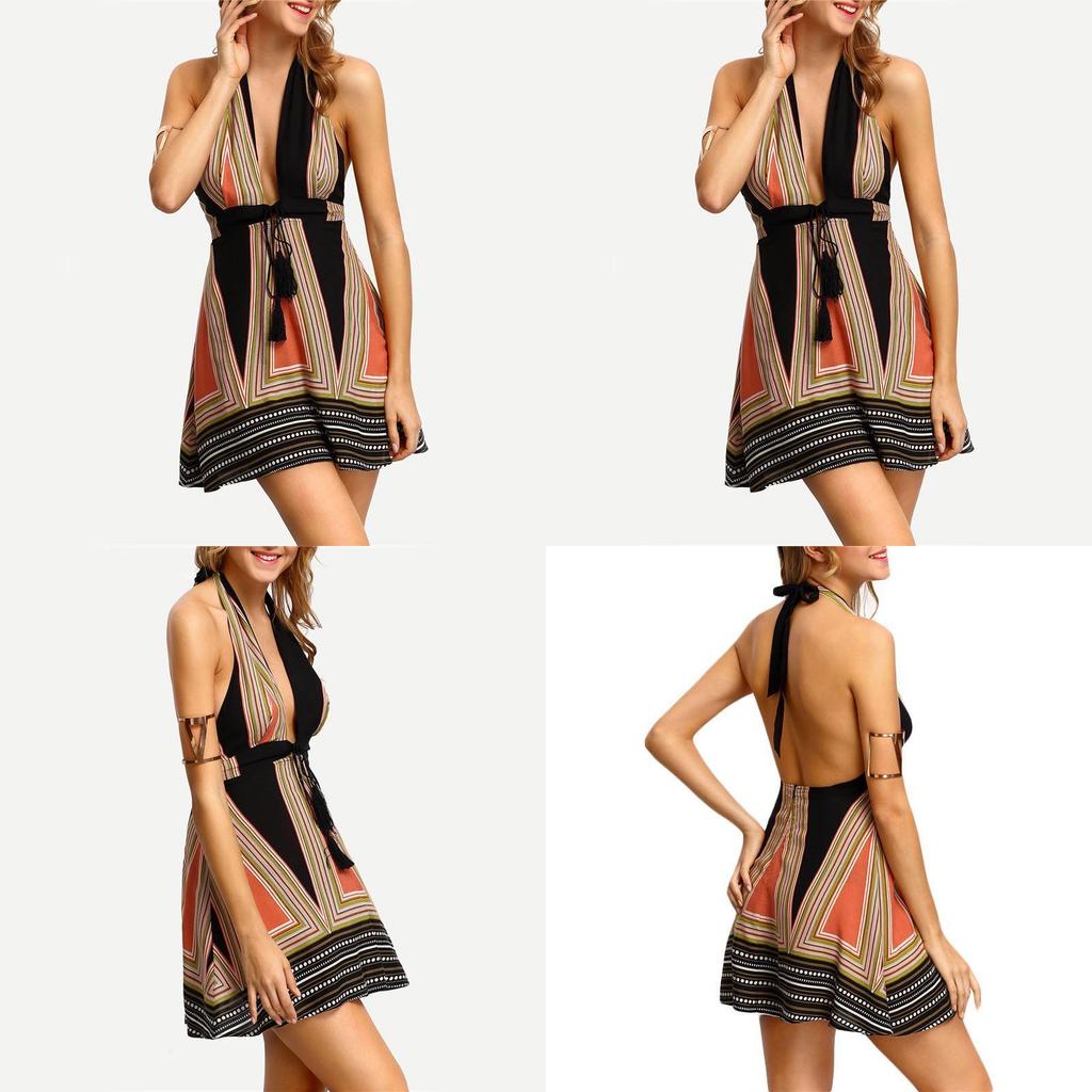 Sexy Deep Vneck Hanging Neck Short Skirt Womens Backless Beach Dress With Cotton Blend Fabric