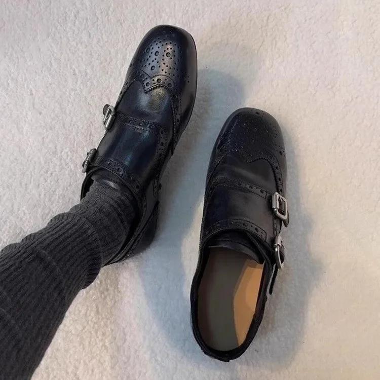 Fashion Comfortable Leather Flat Bottom Loafers Women's Retro Embossed Belt Buckle Square Head Single Shoes Genuine Leather Versatile Mi