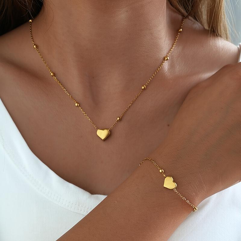 Stainless Steel Gold Color Heart Love Chain Necklace Bracelets Earrings For Women Girl   Non-Fading Jewelry Set