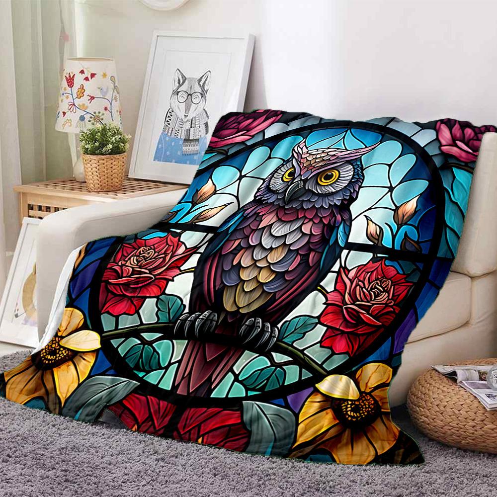 1pc Stained Glass Owl Lightweight Flannel Blanket, Comfortable and Warm Blanket, for Office and Camping Sofa Bed, Livingroom058