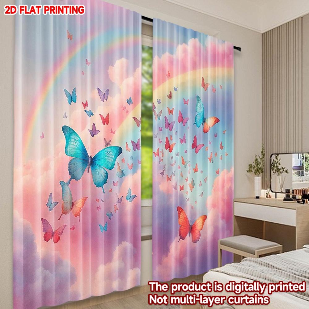 2D flat printing 2pcs Scene Curtains Rainbow Butterflies in Clouds Digital Printed Polyester Drapes Festive Curtains Use for