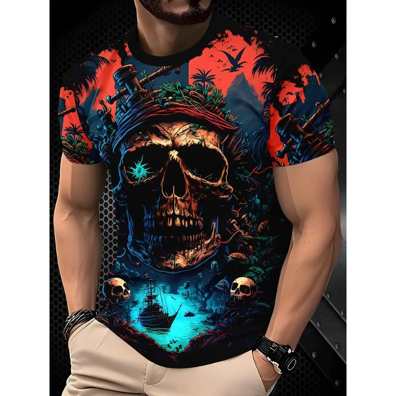 Men's 3D Skull Printed T-shirt 2025 Summer New Men's Round Neck T-shirt Casual Comfortable Hip Hop Pullover Short Sleeve