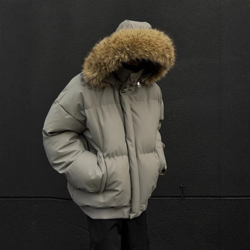 Winter Hooded Puffer Jacket With Detachable Faux Fur Collar Short PU Leather Coat Men Women Couples