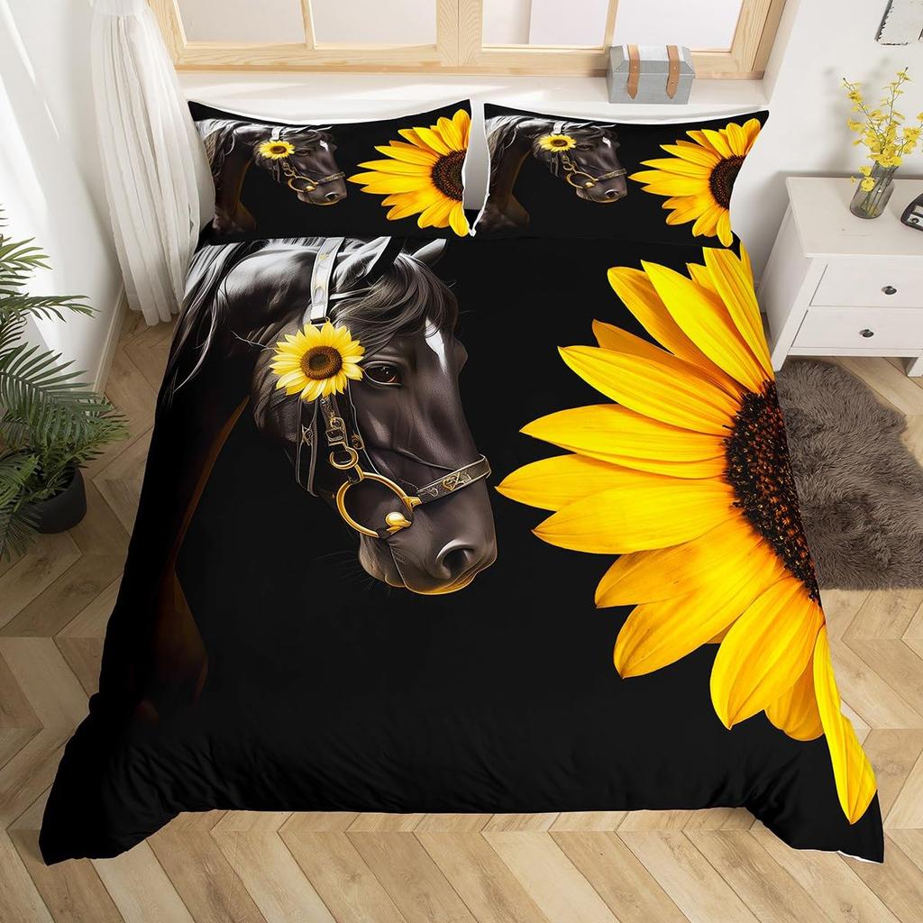 Horse Duvet Cover Western Cowboy Farmhouse Animal Bedding Set Soft Sunflower Floral Comforter Cover Twin Queen For Boys Girls