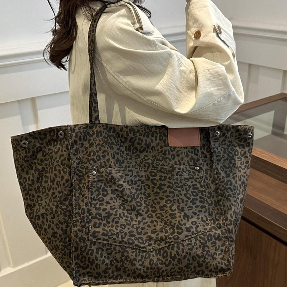 Large Capacity Leopard Print Shoulder Bag Square Women Handbag Simple Canvas Tote Bag  Shopping