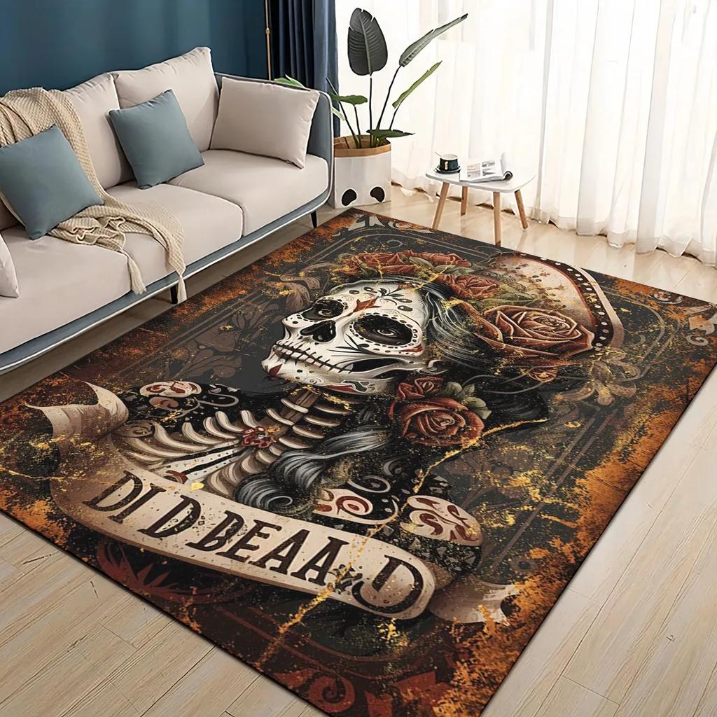Covor Rug 3D Craniu Gotic Față Trandafir Femeie Desen Animat Groaznic pentru Sufragerie Dormitor Casă Decor Canapea, Covoraș de Podea Antiderapant pentru Copii