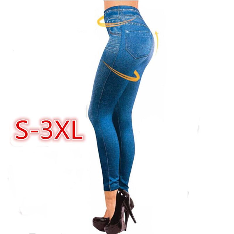 Schlanke Damen Faux Denim Jeans Taschen Mode Leggings mittelhoch geschnitten Bleistifthose Push Up Vintage Schlanke Hose