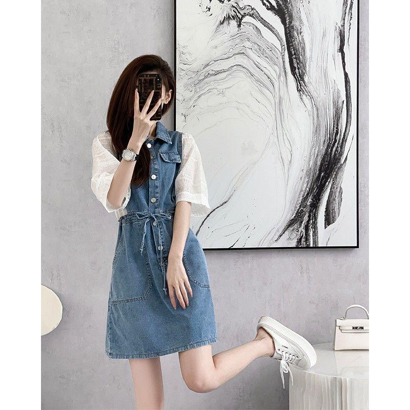 

Summer French Style Denim Dress Women Casual Polo Collar Slim Fit Youthful Fashion S