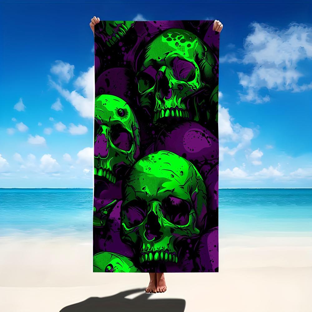 Neon Green Purple Skull Graffiti Print Beach Towel,absorbent fabric for beach festivals,rock gatherings,camping outdoor lounge