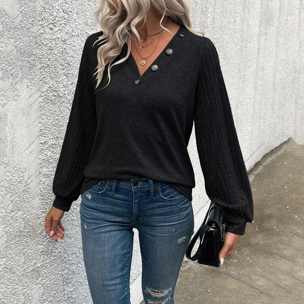 Women's Casual Fashion Button Decoration Stitching V-Neck T-Shirt Pullover