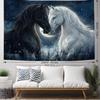 Black And White Horses Wall Tapestry Moon Night Sky Starry Field Art Decor For Living Room Bedroom Home Interior Design