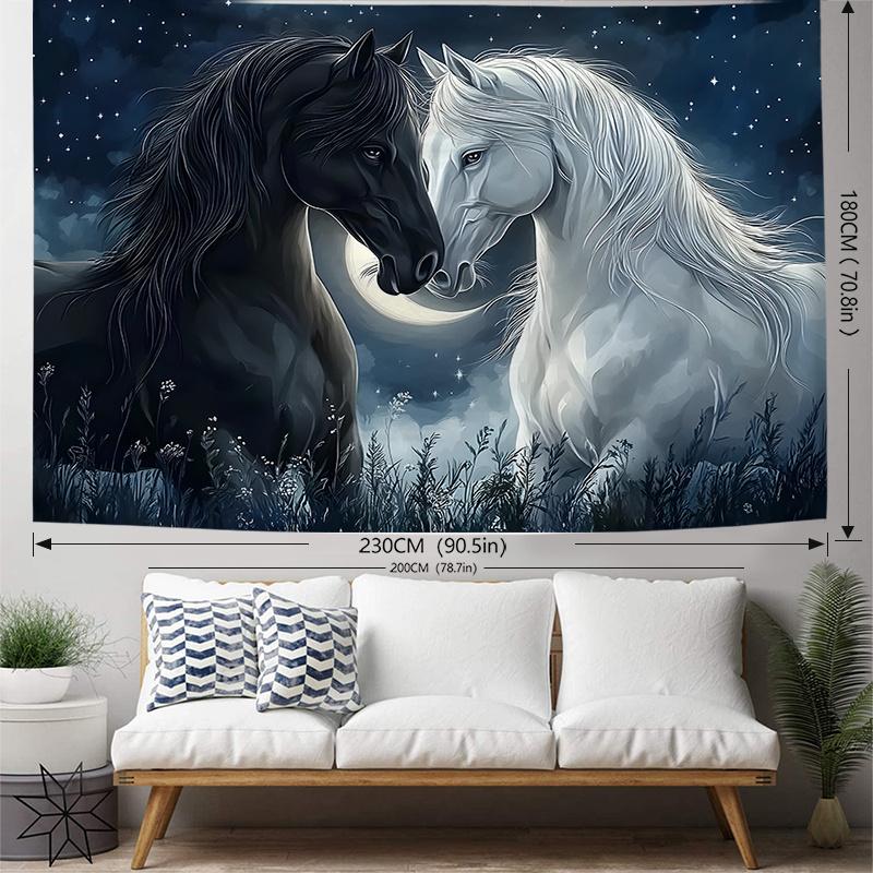 Black And White Horses Wall Tapestry Moon Night Sky Starry Field Art Decor For Living Room Bedroom Home Interior Design