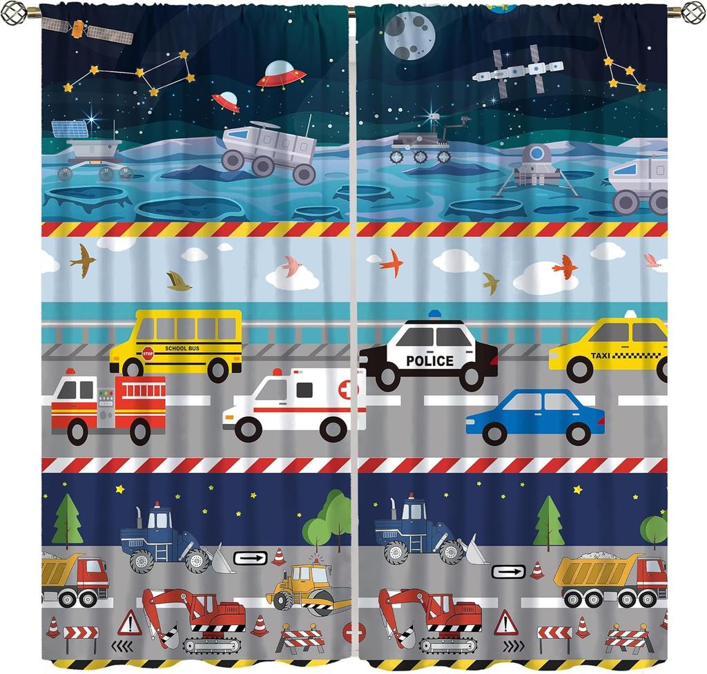 Dinosaur Construction Curtains For Boys,Cartoon Forest Architectural Site Dinosaur Excavator Tractor Truck Window Drapes Print